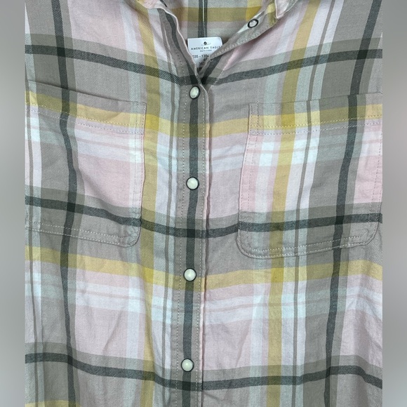 American Eagle Outfitters Pink and Yellow Plaid Flannel, Pearl Snaps - Picture 2 of 10